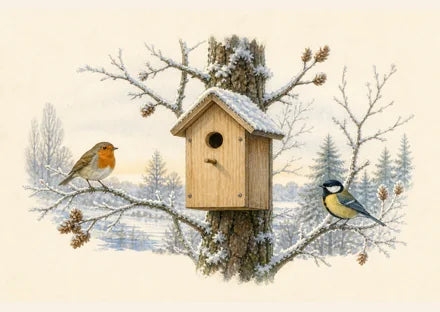 Nichoir laissé en place parmi des branches givrées avec deux oiseaux à proximité