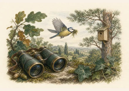 Mésange transportant de la mousse vers un nichoir observée aux jumelles