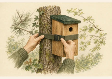 Nichoir en bois fixé à un arbre avec une large sangle protectrice