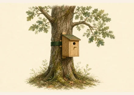 Nichoir en bois stable contre un tronc d’arbre
